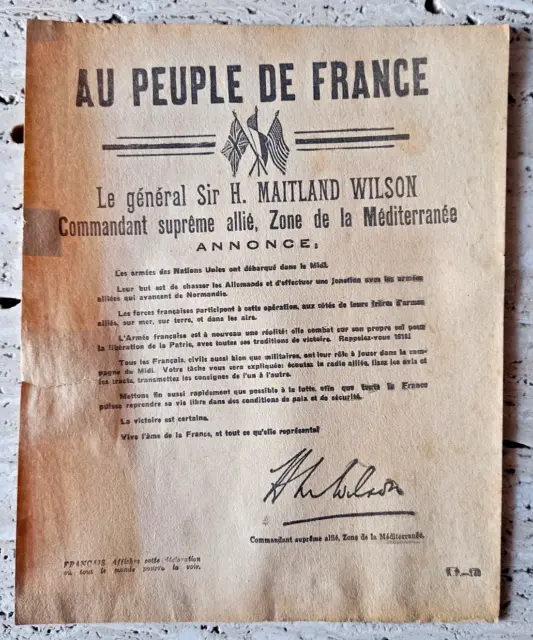 Affichette ancienne : "Au peuple de France" (débarquement de Provence) Août 1944