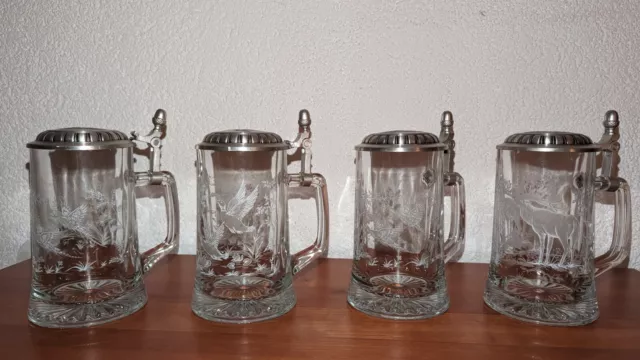 4 x Bierkrug Glas Geschliffen Zinndeckel Jagdmotiv Hirsch Ente Auerhahn