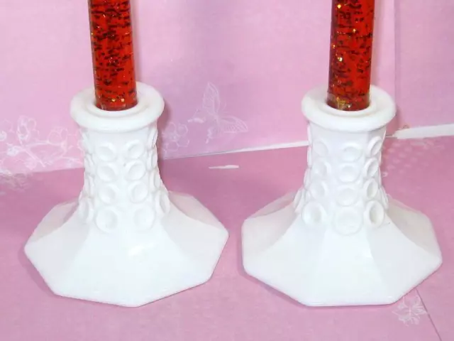 Milk White Glass Pair Candle Sticks Holder Candlesticks 4" Tall Octagon Base