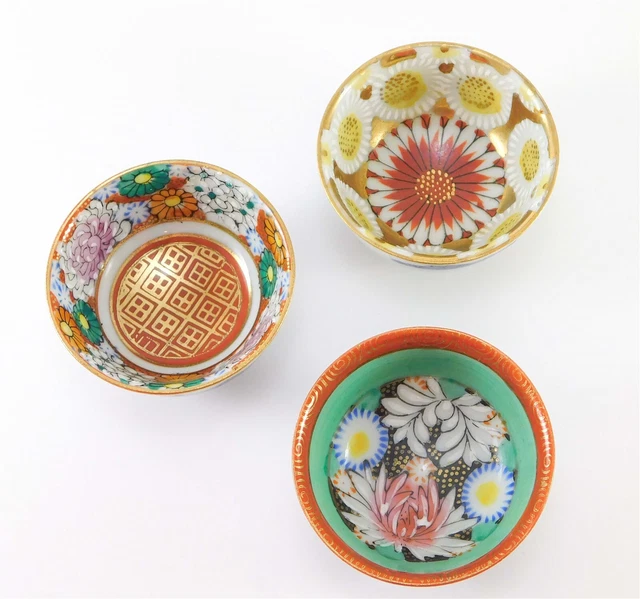 Kutani Sake Bowls Set Of 3 Japanese Porcelain Hand Painted Antique Beautiful