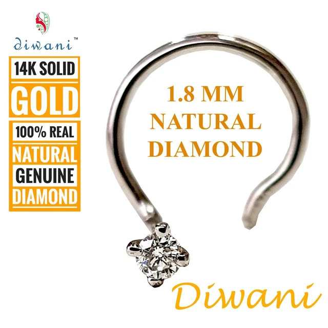 1.8mm Natural Diamond Solitaire Nose Body Piercing Stud Ring Pin 14k Gold