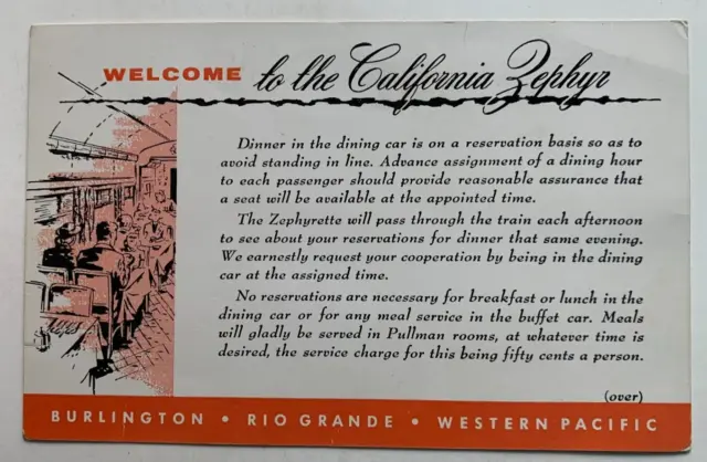 Vintage California Zephyr Burlington RR Dining Car Dinner Reservation Info Card