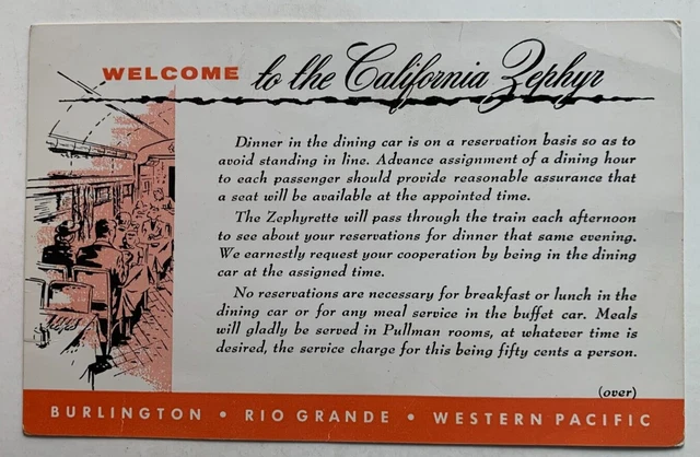 Vintage California Zephyr Burlington RR Dining Car Dinner Reservation Info Card Vintage California Zephyr Burlington RR Dining Car Dinner Reservation Info Card