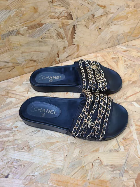 CHANEL SIZE 37 Indigo Blue Tropiconic CC Chain Pool Slides Sandals $350.00  - PicClick