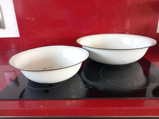 LARGE VINTAGE ENAMEL WASH BASINS X 2. WHITE WITH DARK TRIM.GARDEN PLANTERS.Used.