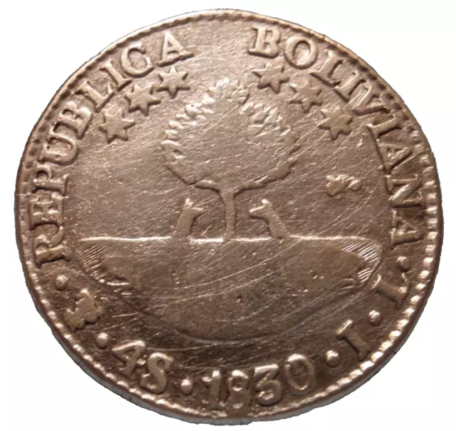 BOLIVIA 1830 PTS JL 4 Soles Silver  Potosi Mint KM-96a.1 Coin