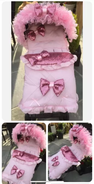 Romany Pram Pushchair - Frilly Bling Pink Cosytoe Foot Muff + Hood Frill