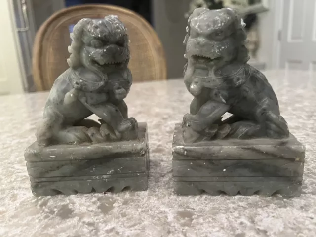 Foo Dogs/Lions Carved Marble Stone Statues Heavy Bookends A Pair 5”