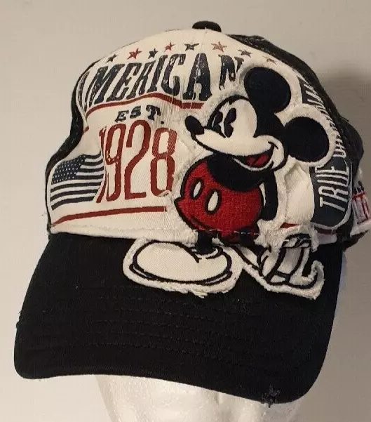 Disney Parks Mickey Mouse Stretch Fit Baseball Cap Hat Distressed 1928 American
