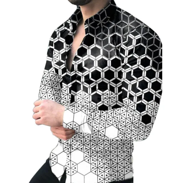 Men Turn-down Collar Buttoned Shirt Digital Printing Long Sleeve Tops Blouse Tee