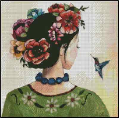 Femme Avec Fleurs Couronne & Colibri Point de Croix Kit Complet #24-139 