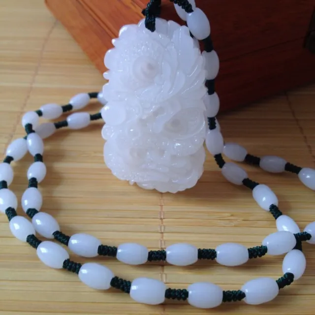 Chinese Natural White Hetian Jade Hand-Carved Dragon Pendant-Free Necklace%
