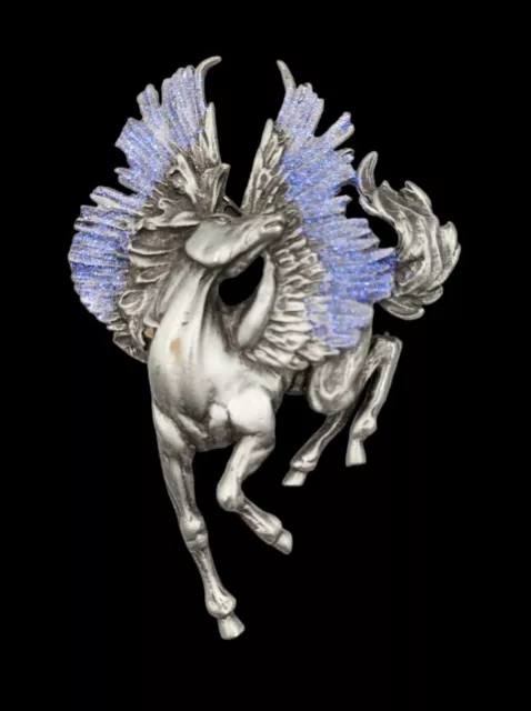 Vintage JJ Jonette Mythical Fantasy Glittery Pegasus Flying Horse Pewter Brooch