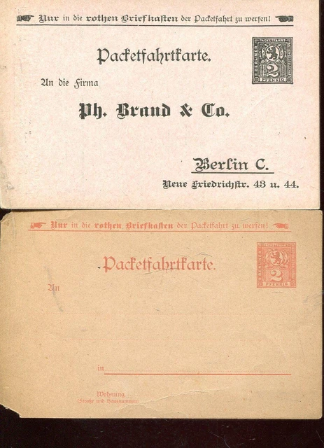 Deutsches Reich Packetfahrtkarte Berlin, um 1900, 2 Ganzsachenkarten