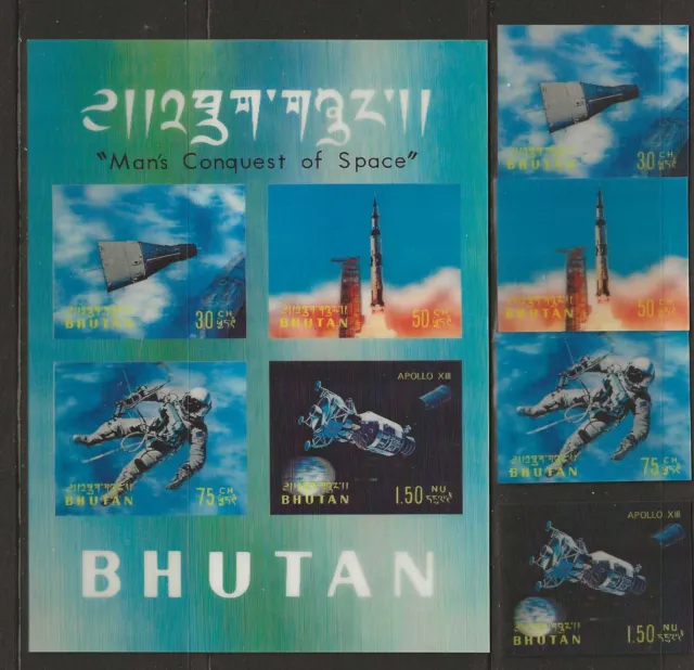 BHUTAN 1970 , Man's Conquest of Space , 3d , Block + 4 Stamp ,