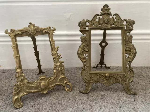 Victorian Rococo Gilt Cast Metal Easel Ornate Free Standing Photo Frames X 2