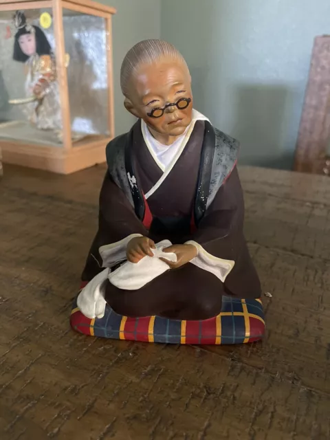 Vintage Hakata Urasaki Clay Figurine Elderly Woman with Tami Socks Hand Painted