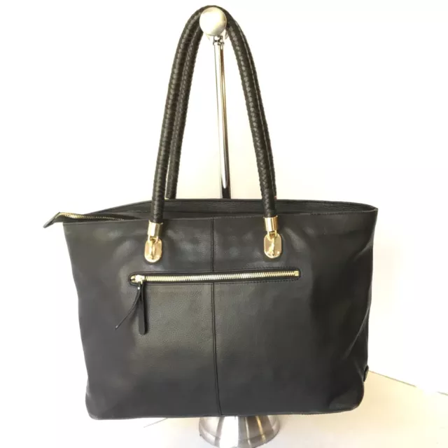 COLE HAAN Large Leather Shoulder Tote Bag Purse In Black With Woven Handles