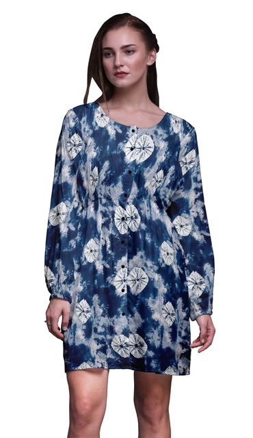 Bimba Blue Bandhani Tie-Dye Button Down Midi Shift Dress Women Shirt-N5B