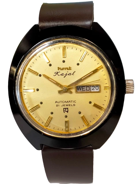 Montre Automatique HMT Kajal Pour Homme - Années 1980 - Boîtier Doré, Cadran Noir, Bracelet Cuir - Neuve De Stock