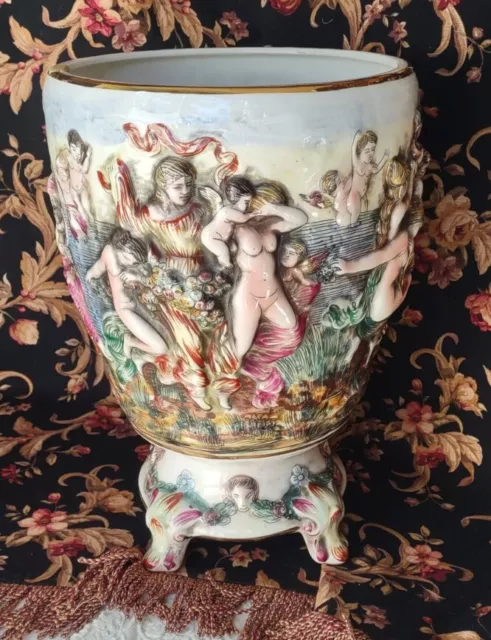 16" Large Antique vase planter Capodimonte Italy Hand Painted Porcelain Figural