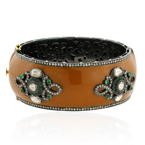Natural Rosecut Diamond Polki Emerald 925 Sterling Silver Wedding Enamel Bangle