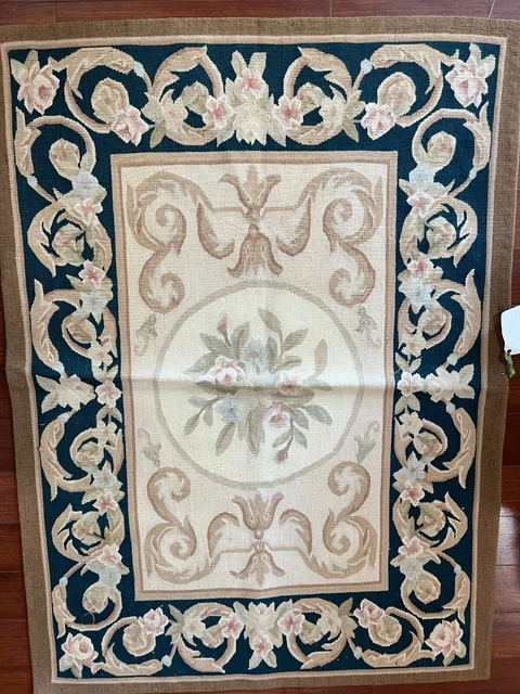 Beige/Blue ground/floral 2.8x3.8 Aubusson Needlepoint Rug