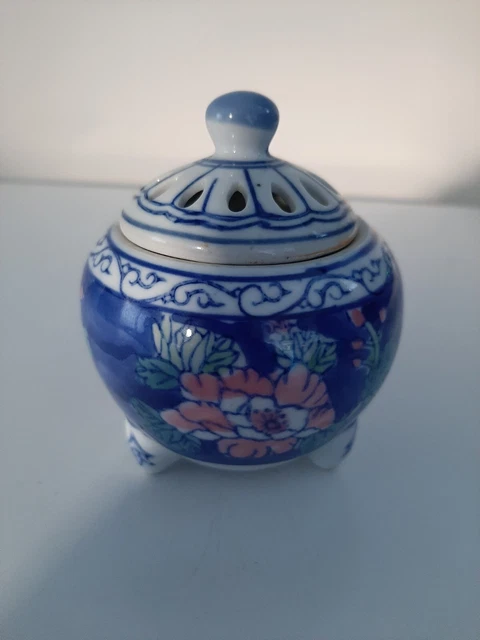 Unmarked Chinese Blue,White & Pink Floral Pattern Lidded Pot