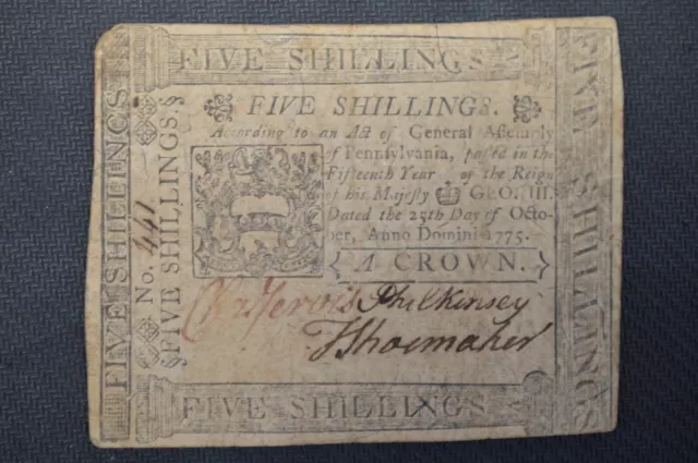 Vg October 25, 1775 Pennsylvania 5 Five Shillings Colonial Currency Note