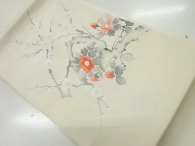 44387# Japanese Kimono / Nagoya Obi / Camellia & Ume / By Artist Work