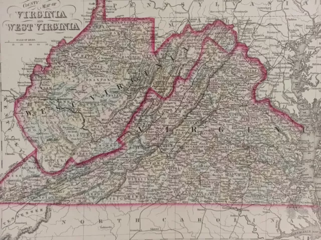 1873 Mitchell's Atlas Map Virginia and West Virginia Authentic Hand-colored 3