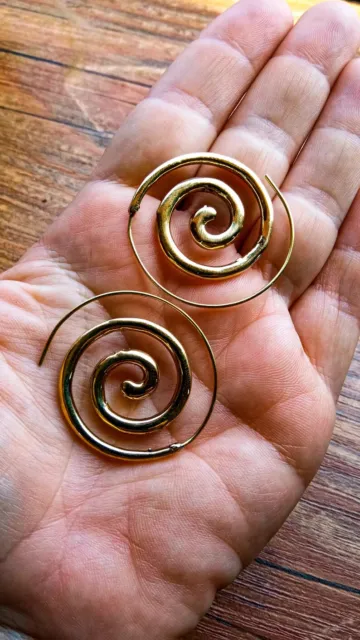 Spiral Gold Plated Vintage Afghani Brass Hoops Boho Tribal Mandala Earrings Vp1