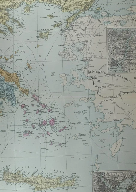 1891 Antique Map Turkey & Greece Constantinople Crete Cyclades Bosporus