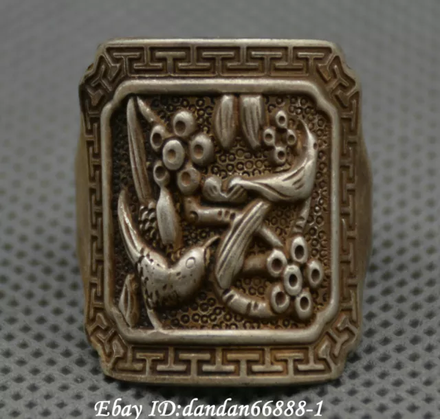 Collect Chinese old Miao silver carve magpie plum blossom auspicious lucky ring