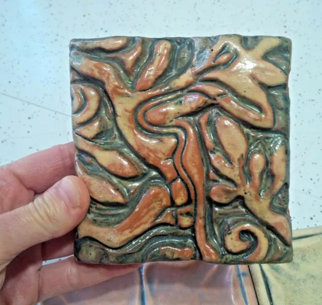 Original 3D Wall Tile Art Tree Abstract Plant Measures 4" Terra Cotta Wear Chips
