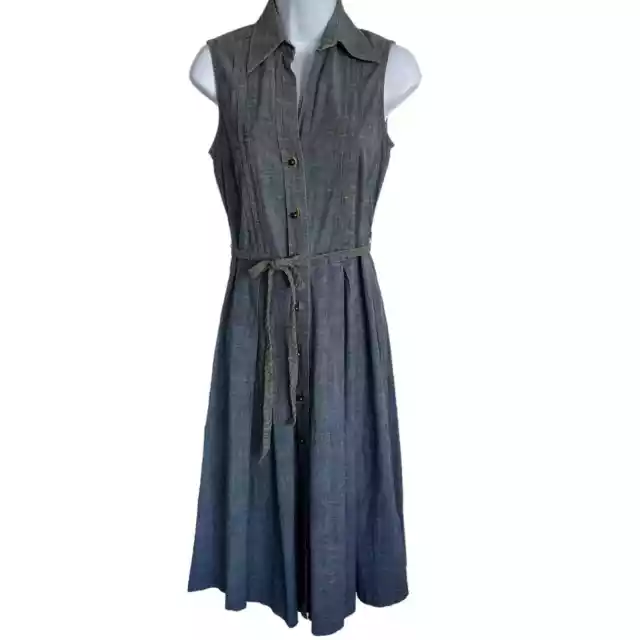 Trina Turk Chambray Fit Flare Dress Sleeveless Braided Belt Pleats Size 4