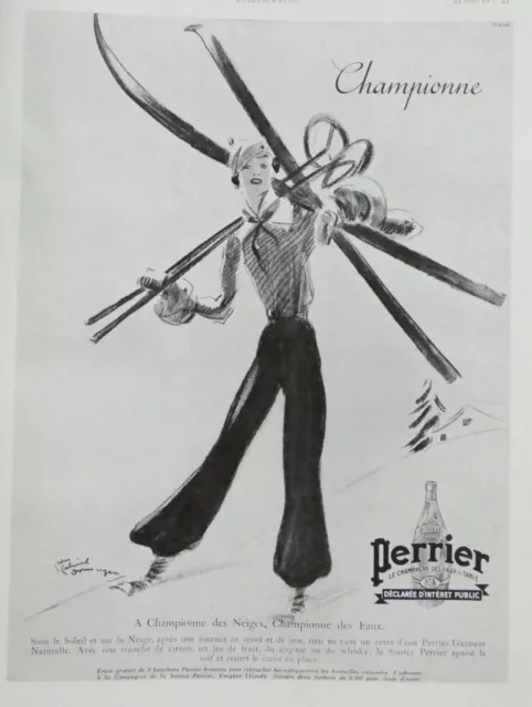 Publicité De Presse 1936 Perrier Champagne Des Eaux De Table - Championne Ski