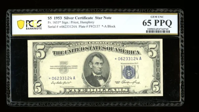 DBR $5 1953 Silver STAR Gem Fr. 1655* PCGS-B 65 PPQ Serial *06233124A