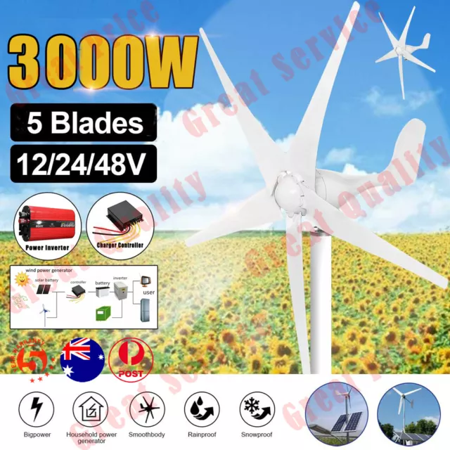 3000W Wind Turbine Generator 12V/24V/48V Charger 5 Blades Windmill & Inverter AU