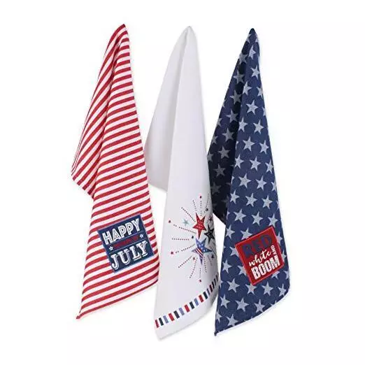 Patriotic Dish Towel Set 18x28, Decorative Kitchen 18x28" Red White & Boom