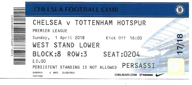 CHELSEA v TOTTENHAM HOTSPUR 1st APRIL 2018. (CHELSEA MATCH DAY TICKET).