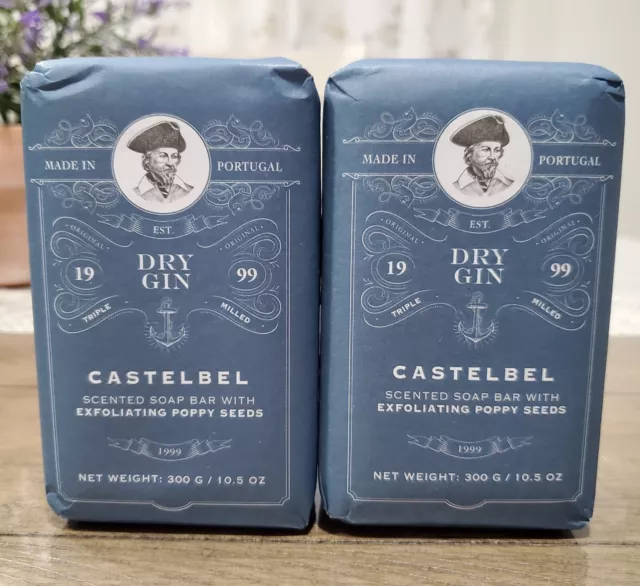 2 Castelbel DRY GIN Scented Soap Bars with Poppy Seeds 10.5 oz each