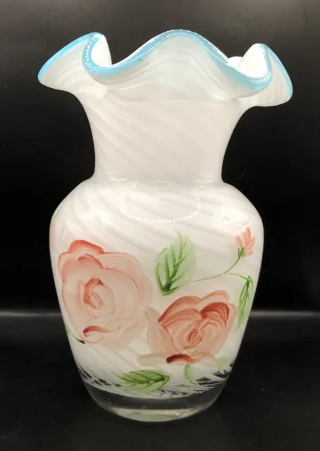 Vintage Fenton Teleflora Swirl Art Glass Vase Hand Painted Aqua Blue Ruffle Rim