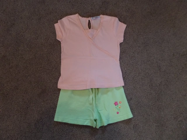 SUPER CARINO!!! Abito top e pantaloncini da ragazza GEORGE età 2-3 pesca e verde - INIZIO BASSO
