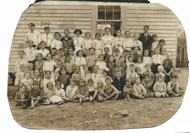 Vintage Old 1910's Photo One Room Schoolhouse Boys & Girls Teacher Crossed Out