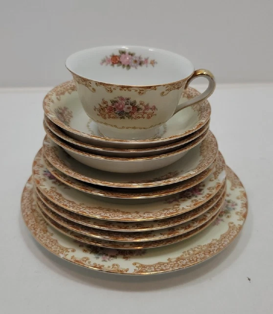 Vtg Noritake "M" 11 Piece Set Gold Cream Floral Scroll 1930's Bowls Plates Cup
