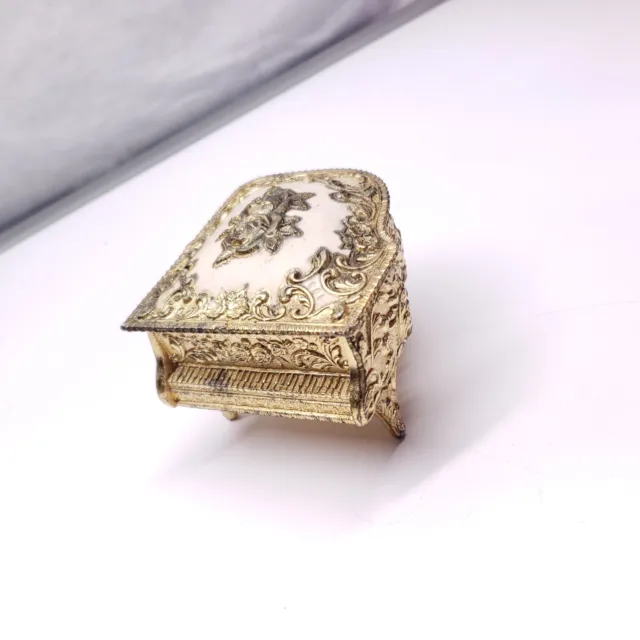 Vintage Gold Tone Embossed Rose Flower Piano Shaped Jewelry Trinket Box Japan