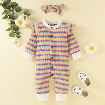 Newborn Baby Girls Long Sleeve Striped Ribbed Jumpsuit With Headbands Outfit Set