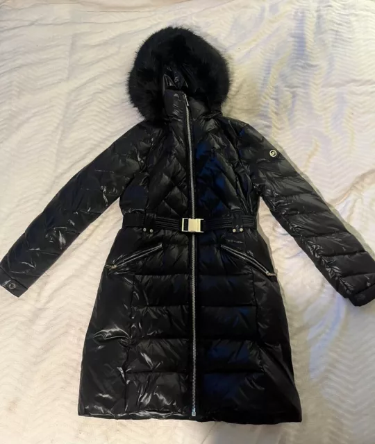 Michael Kors Women's Faux Fur Trim Hood Quilted Puffer Jacket in Black Size S