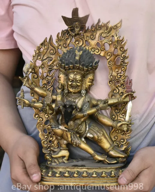 12.4 "Chine Bronze antique peint bouddhisme six mains heureux Bouddha statue
